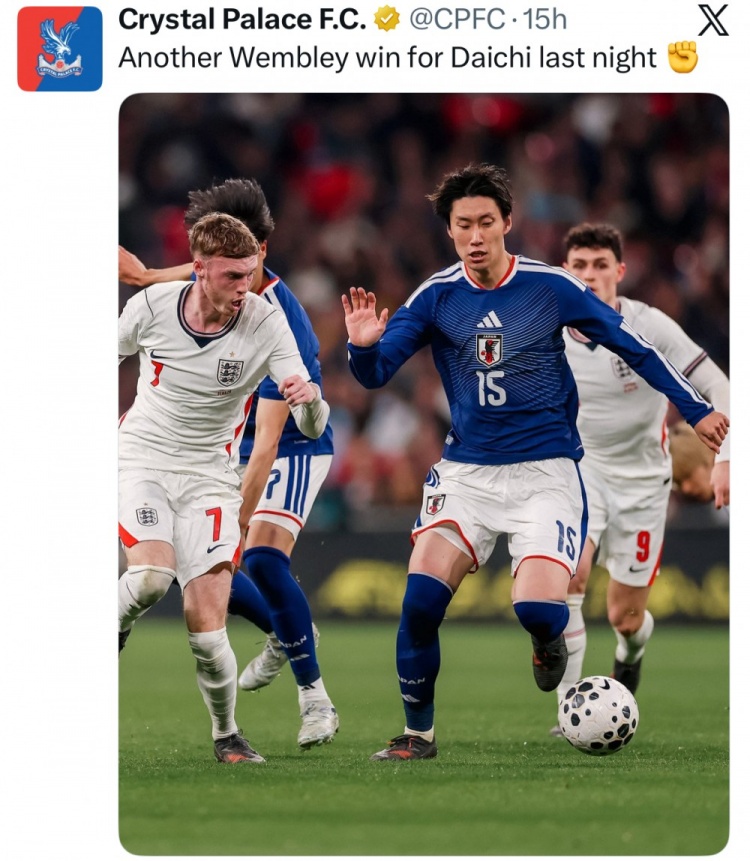 开云注册平台-水晶宫官推晒镰田大地比赛照：昨晚大地再一次在温布利取得胜利